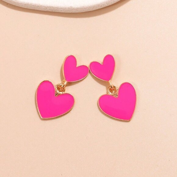Hot Pink Women's Fashion Heart Drop Earrings - Picture 1 of 3